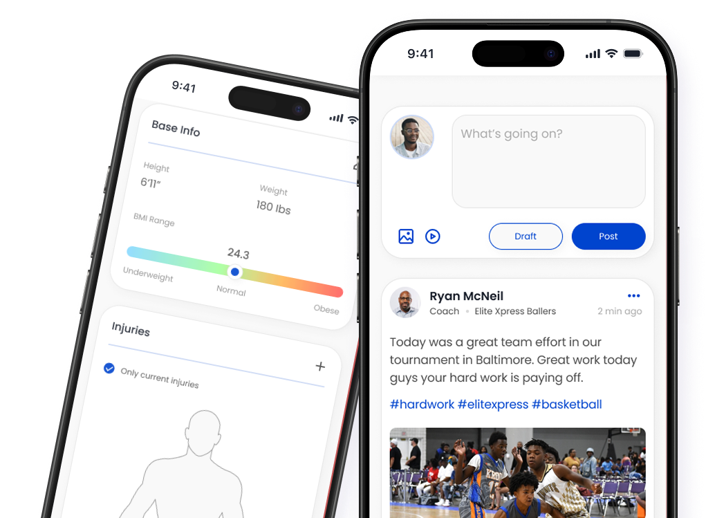 SportsID mobile app screens showing athlete profile and social feed